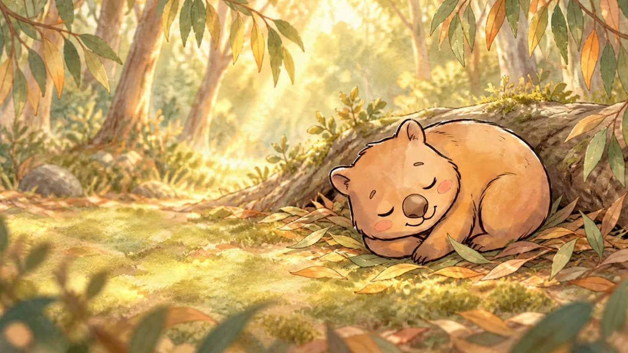 Wriggler’s illustrated wombat curled up asleep in a bed of eucalyptus leaves beside a fallen log.