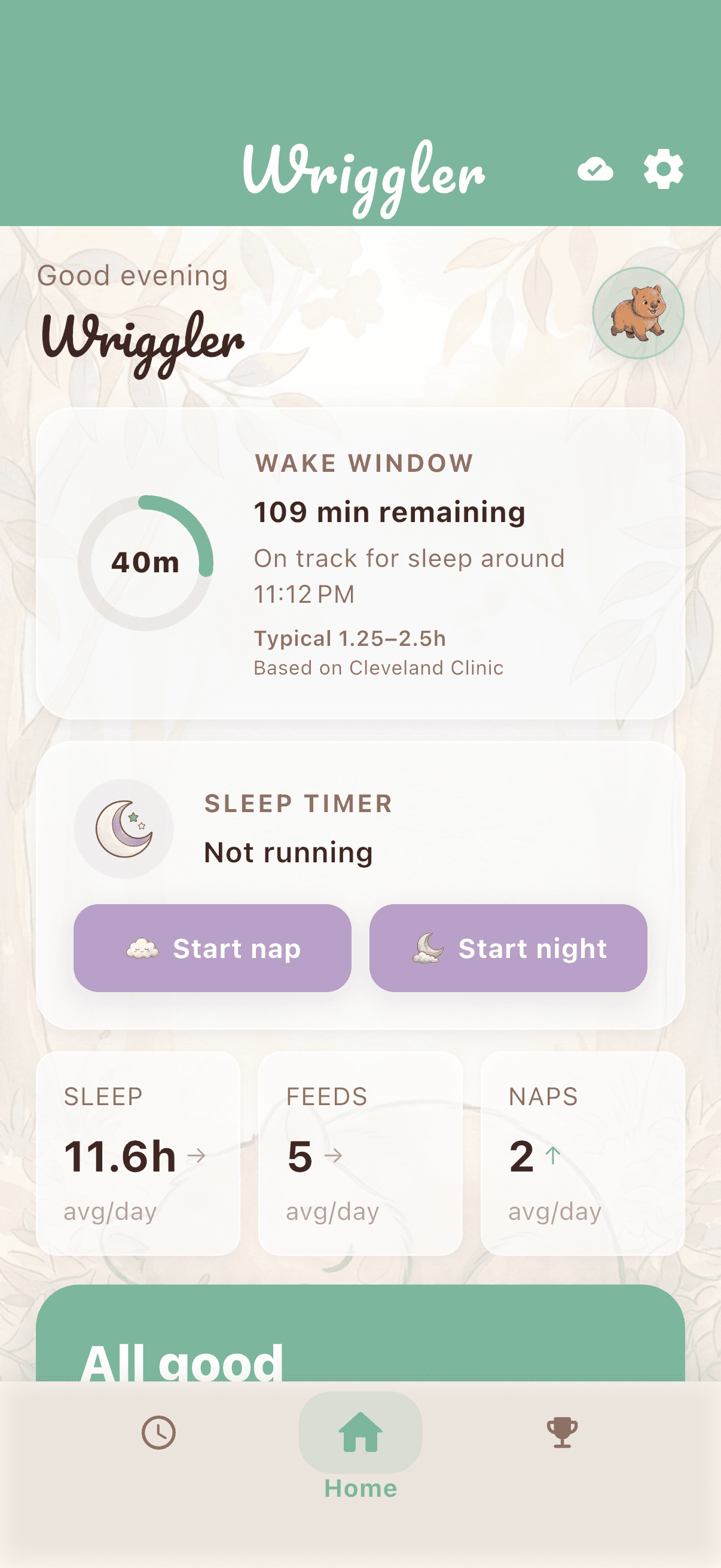 The Wriggler home screen: a wake-window ring showing time since the last sleep and minutes remaining, a sleep timer with Start nap and Start night buttons, and average sleep, feed and nap tiles.