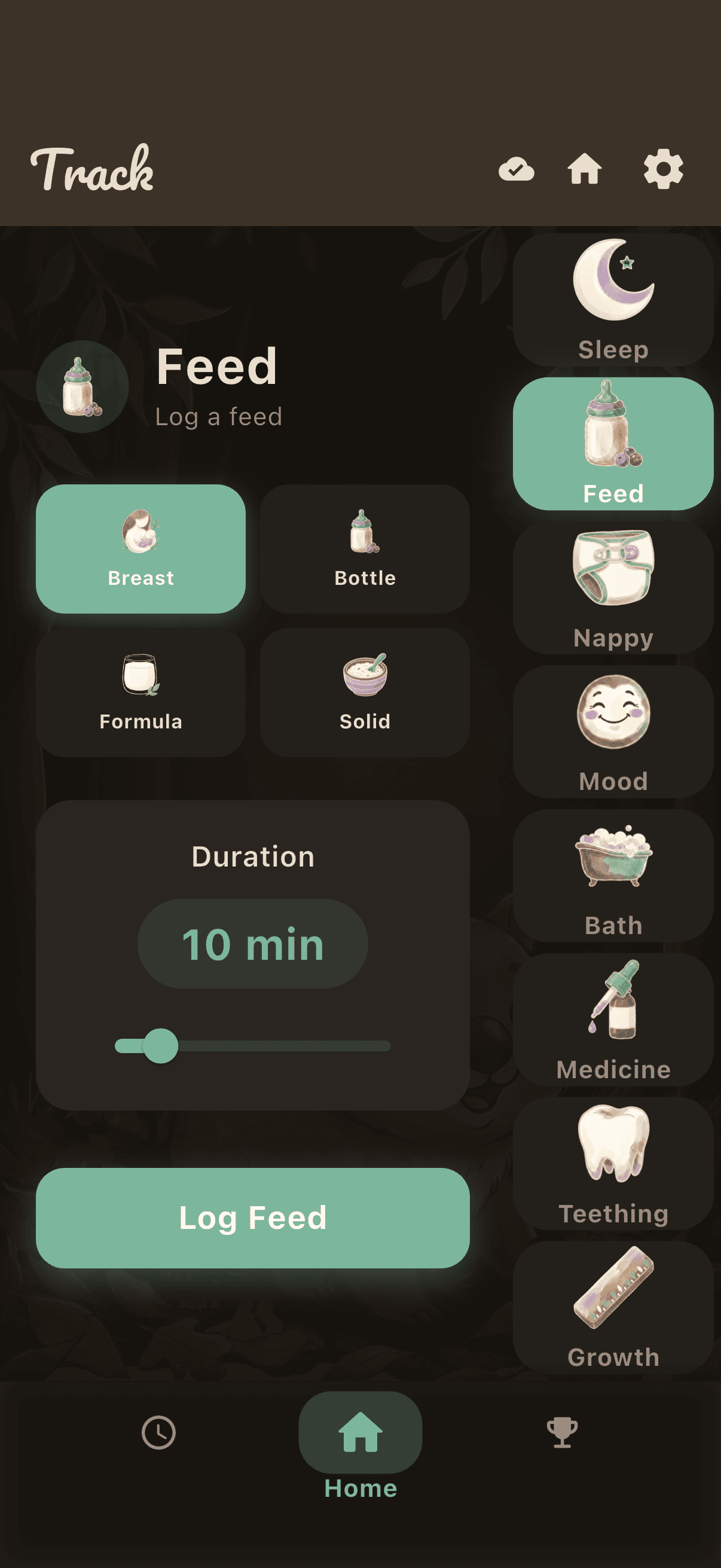 The Feed tracker in warm dark mode: breast, bottle, formula and solid feed types, a duration slider and a Log Feed button, beside the Sleep, Nappy and other tracking categories.