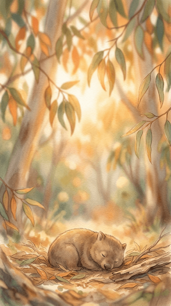 A wombat curled in a nest of leaves in warm light